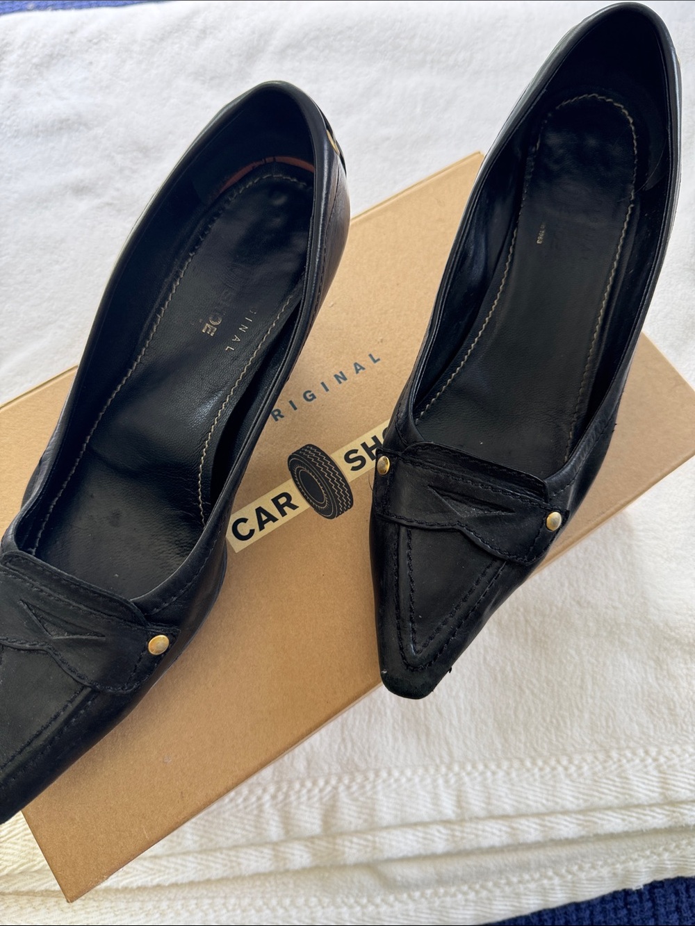 The Original Car Shoe Black Pointed Leather Pumps with Gold Studs